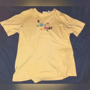 Kim Rogers Vintage Yellow L blouse/t-shirt with butterflies and flowers.